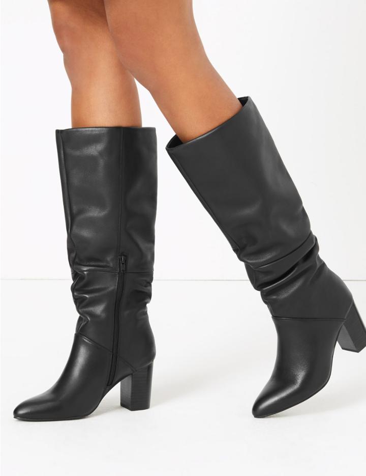 Marks & Spencer Leather Slouch Block Heel Knee Boots Black