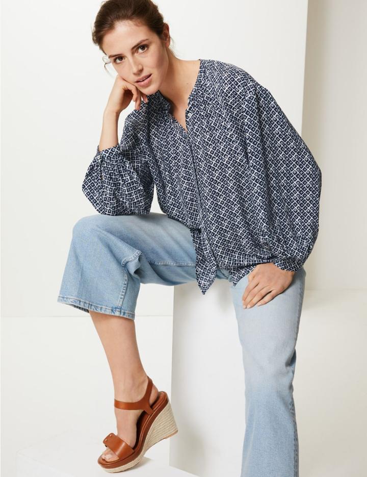 Marks & Spencer Oversized Printed Blouson Sleeve Blouse Navy Mix