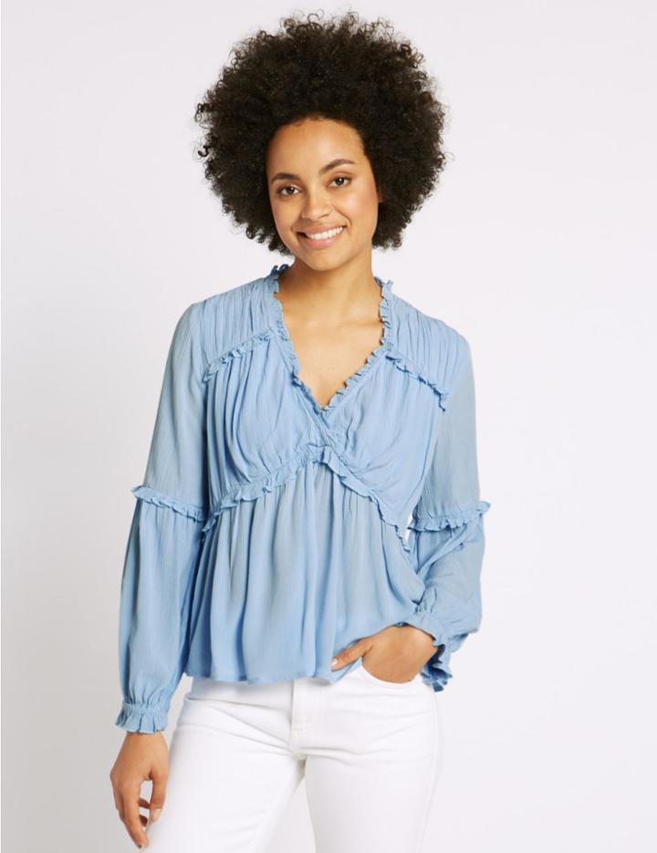 Marks & Spencer Crinkle Ruffle V-neck Long Sleeve Blouse Chambray
