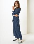 Marks & Spencer Stripe Long Sleeve Midi Shirt Dress Navy Mix