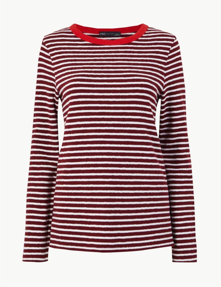 Marks & Spencer Pure Cotton Striped Regular Fit T-shirt Claret
