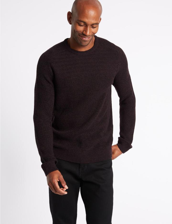 Marks & Spencer Textured Yoke Crew Neck Jumper Burgundy