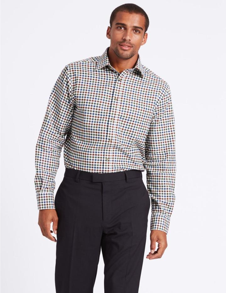 Marks & Spencer Pure Cotton Regular Fit Shirt With Pocket Green Mix