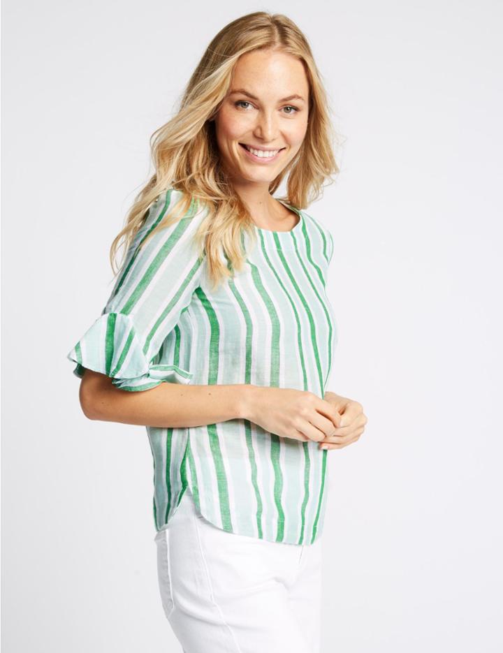 Marks & Spencer Linen Rich Striped Ruffle Sleeve Blouse Green Mix