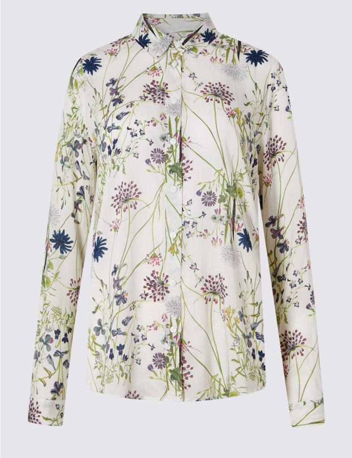 Marks & Spencer Pure Modal Floral Print Long Sleeve Shirt Ivory Mix
