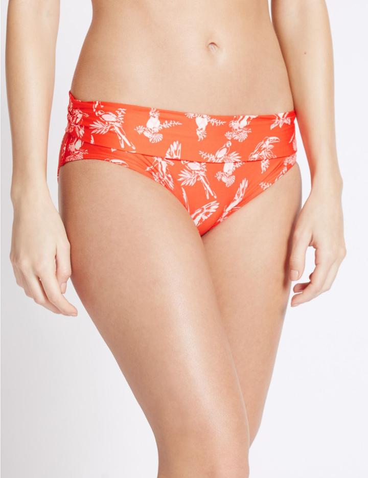 Marks & Spencer Parrot Print Roll Top Hipster Bikini Bottoms Orange Mix