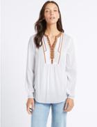 Marks & Spencer Embroidered Notch Neck Long Sleeve Blouse Ivory Mix