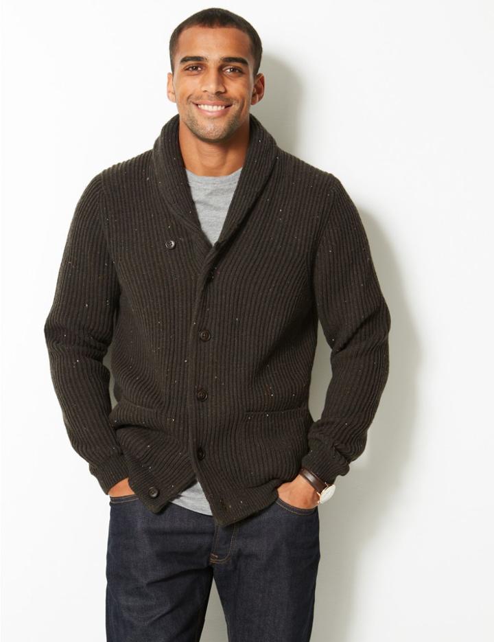 Marks & Spencer Shawl Neck Cardigan With Wool & Alpaca Khaki