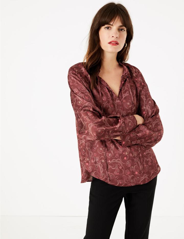 Marks & Spencer Satin Printed Popover Blouse Dark Red Mix