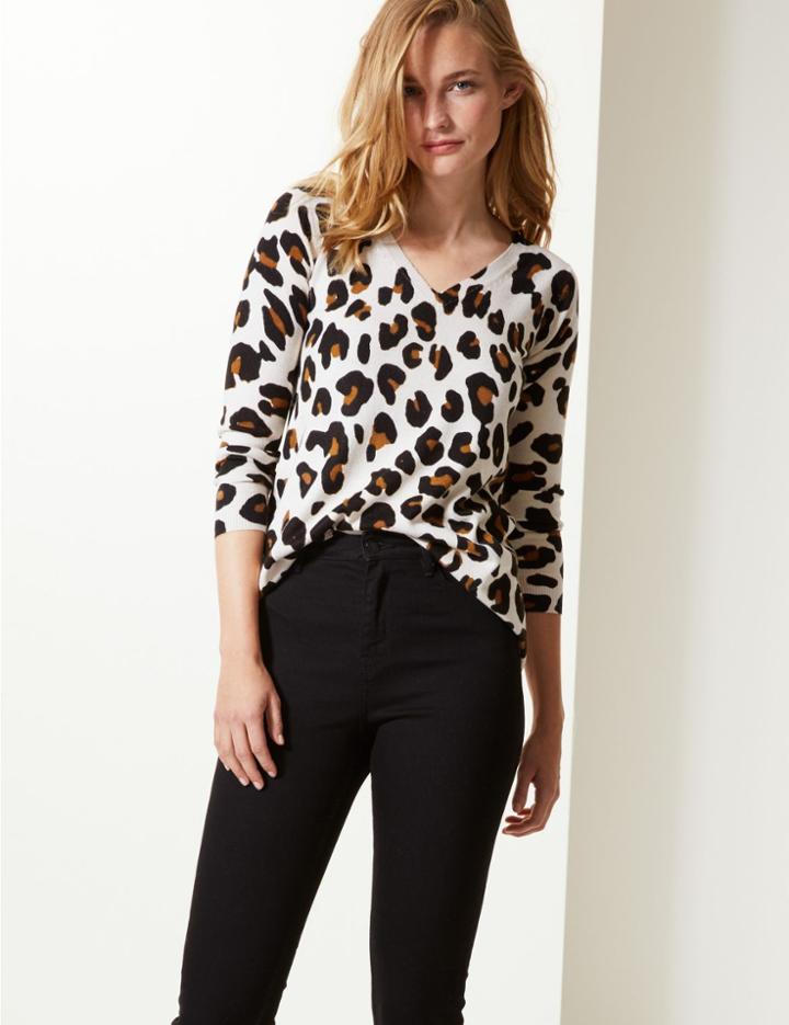 Marks & Spencer Cashmilon&trade; Animal Print Longline Jumper Oatmeal Mix