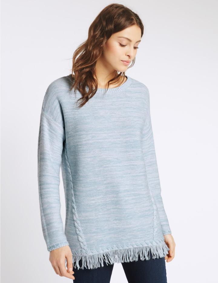 Marks & Spencer Textured Fringe Hem Slash Neck Jumper Blue Mix
