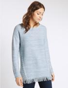 Marks & Spencer Textured Fringe Hem Slash Neck Jumper Blue Mix