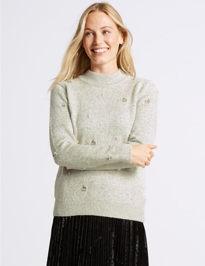 Marks & Spencer Cotton Rich Embellished Turtle Neck Jumper Grey Marl