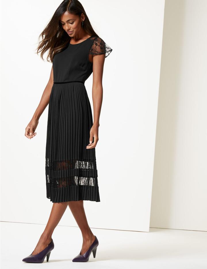 Marks & Spencer Lace Short Sleeve Skater Midi Dress Black