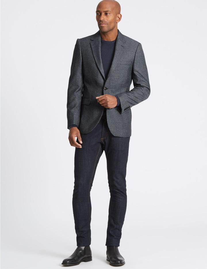 Marks & Spencer Textured Tailored Fit Jacket Grey Blue