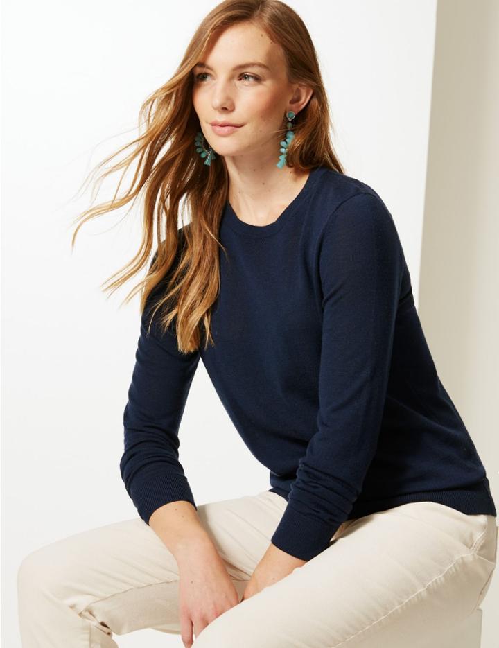 Marks & Spencer Pure Merino Wool Round Neck Jumper Navy