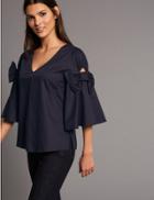 Marks & Spencer Pure Cotton Bow Detail &frac34; Sleeve Blouse Navy
