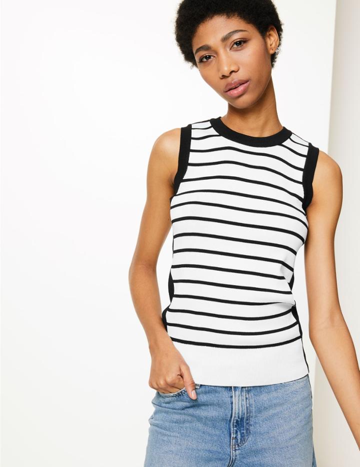 Marks & Spencer Striped Round Neck Knitted Top White Mix