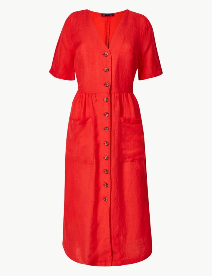 Marks & Spencer Patch Pocket Short Sleeve Waisted Midi Dress Bright Red