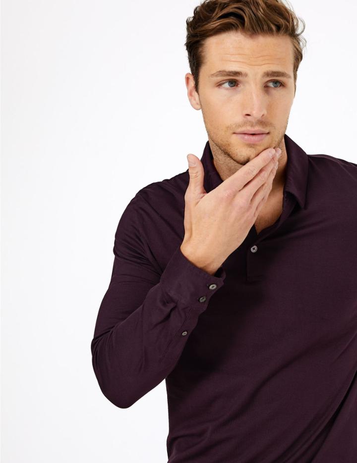 Marks & Spencer Supima Cotton Long Sleeve Polo Shirt Burgundy