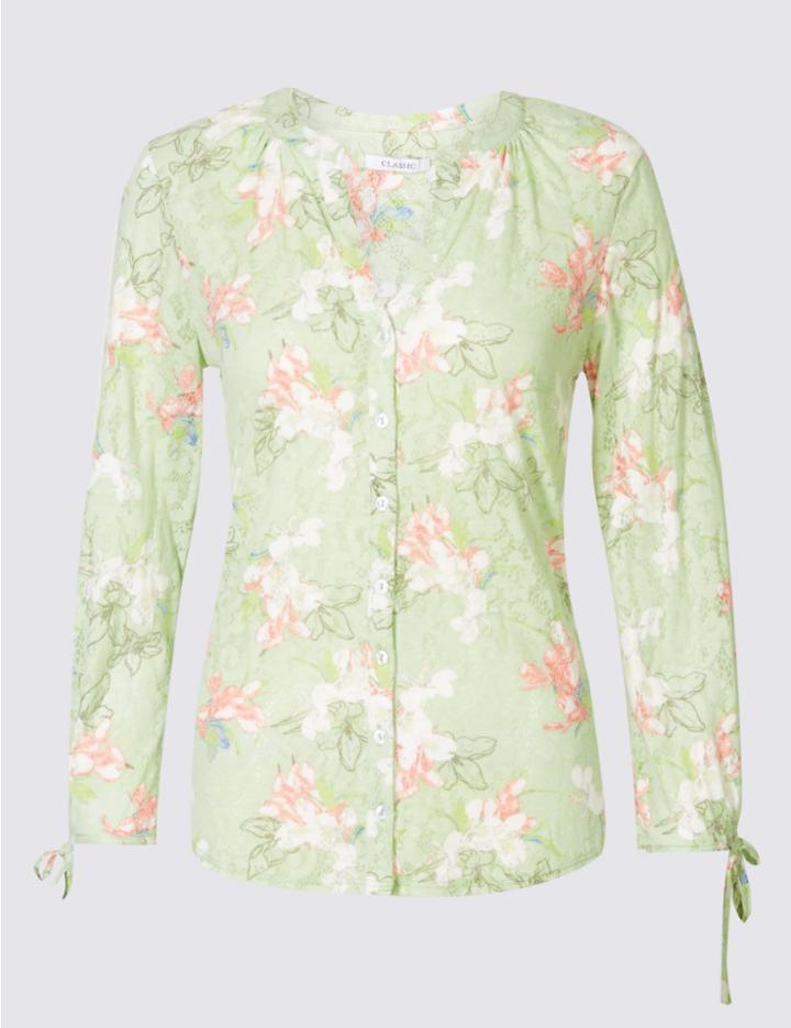 Marks & Spencer Cotton Rich Floral Print Jersey Top Mint Mix