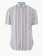 Marks & Spencer Cotton Striped Oxford Shirt Blue Mix