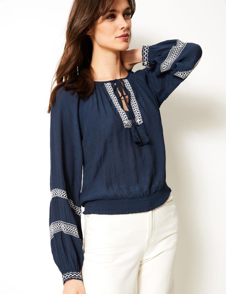Marks & Spencer Embroidered Round Neck Long Sleeve Blouse Navy
