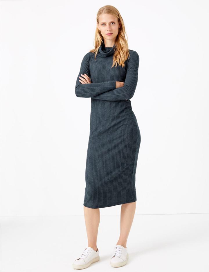Marks & Spencer Cowl Neck Ribbed Midi Shift Dress Navy