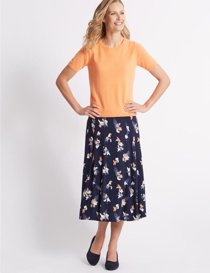 Marks & Spencer Floral Print Jersey A-line Midi Skirt Navy Mix