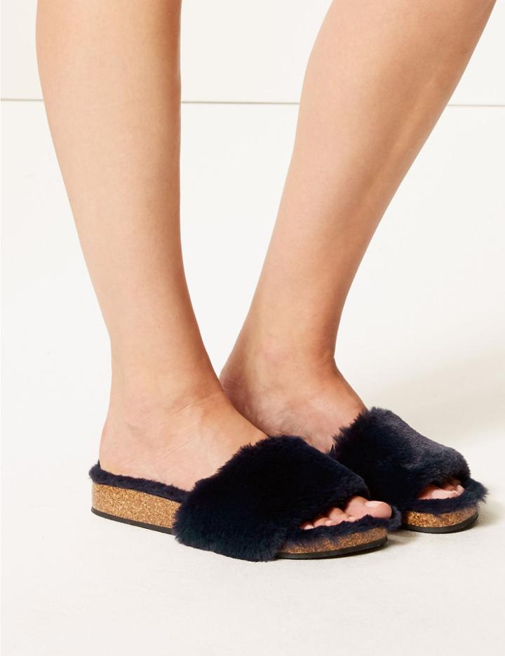 Marks & Spencer Faux Fur Slider Slippers Navy