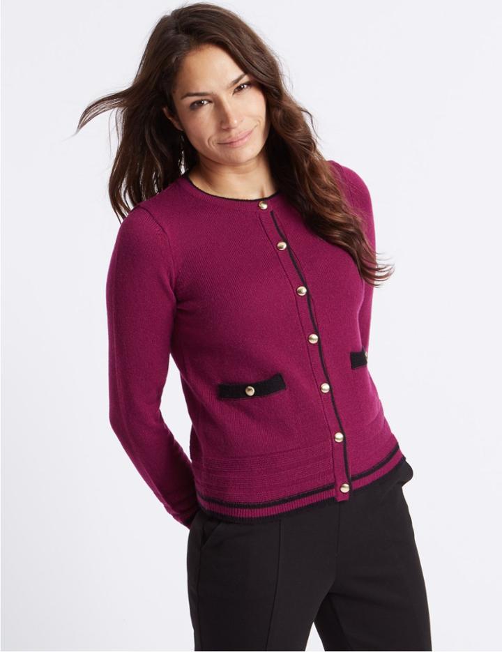 Marks & Spencer Lambswool Blend Contrasting Edge Cardigan Magenta Mix