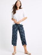 Marks & Spencer Leaf Print Jersey Wide Leg Cropped Trousers Navy Mix