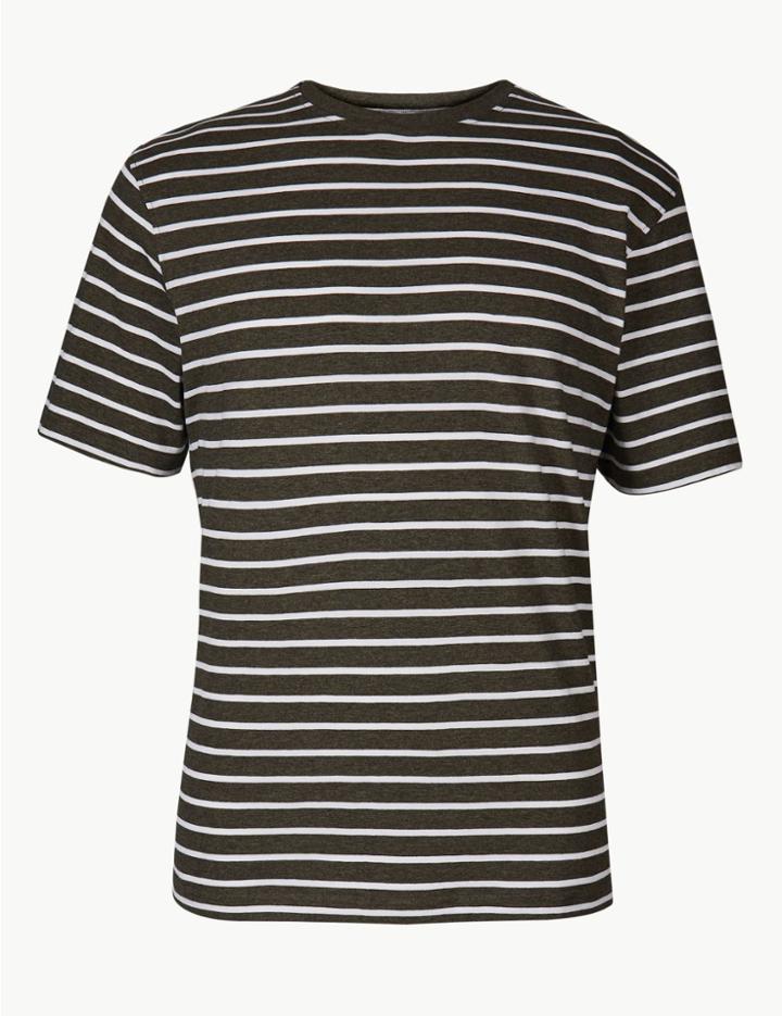 Marks & Spencer Pure Cotton Striped Crew Neck T-shirt Khaki Mix