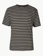 Marks & Spencer Pure Cotton Striped Crew Neck T-shirt Khaki Mix