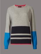 Marks & Spencer Pure Cashmere Colour Block Striped Jumper Grey Mix