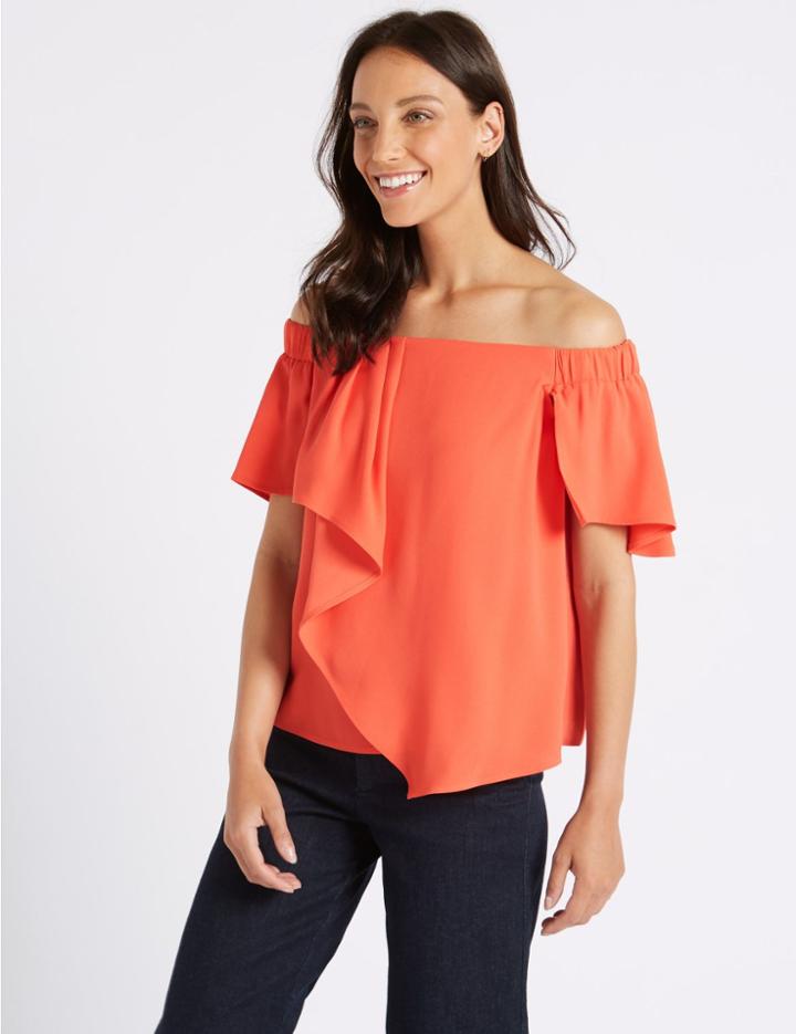 Marks & Spencer Ruffle Short Sleeve Bardot Top Coral