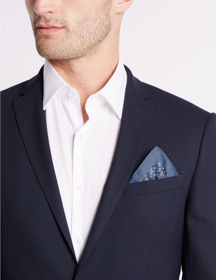 Marks & Spencer Pure Silk Leaf Print Pocket Square Blue Mix