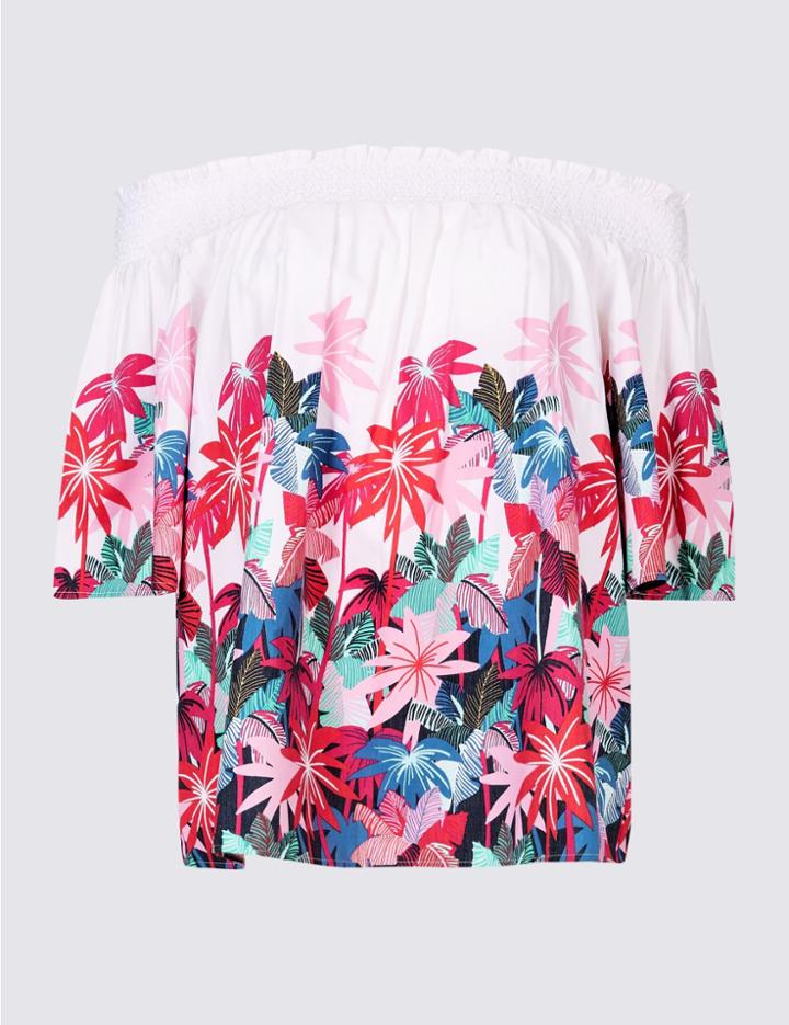 Marks & Spencer Floral Print Half Sleeve Bardot Top White Mix