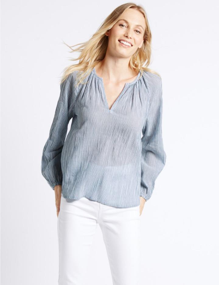 Marks & Spencer Pure Cotton Striped Long Sleeve Blouse Blue