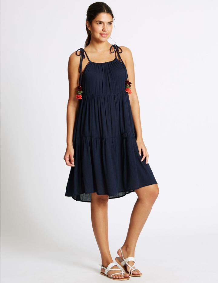 Marks & Spencer Pom Pom Crinkle Beach Dress Navy Mix
