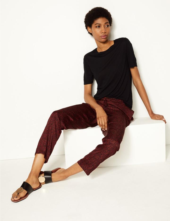 Marks & Spencer Satin Animal Print Ankle Grazer Peg Trousers Black Mix