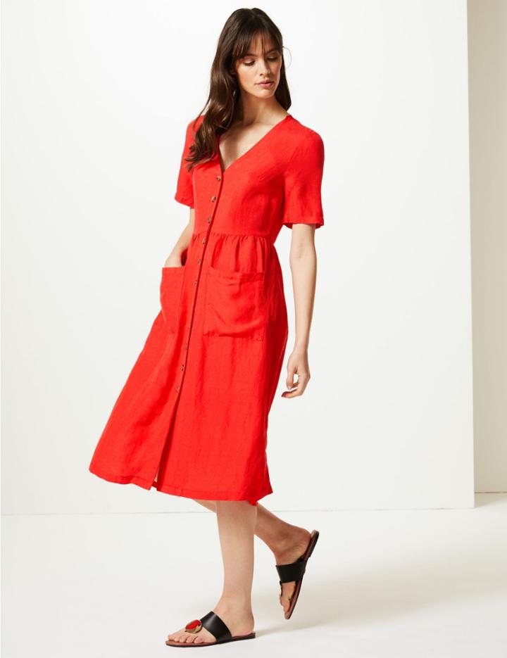 Marks & Spencer Button Front Waisted Midi Dress Bright Red