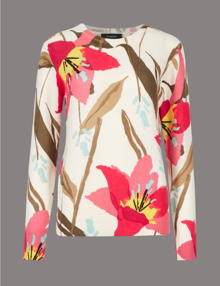 Marks & Spencer Pure Cashmere Floral Print Jumper Cream Mix