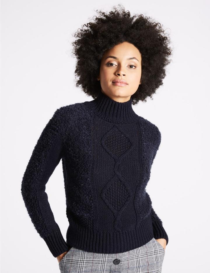 Marks & Spencer Boucle Turtle Neck Long Sleeve Jumper Navy