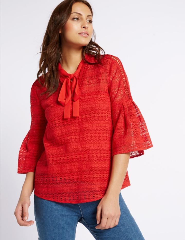 Marks & Spencer Cotton Rich Linear Lace Tunic Top Red