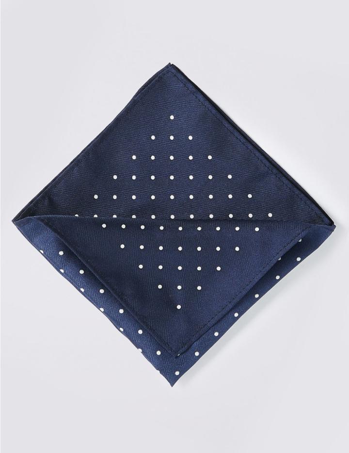 Marks & Spencer Pure Silk Spot Print Pocket Square Navy Mix