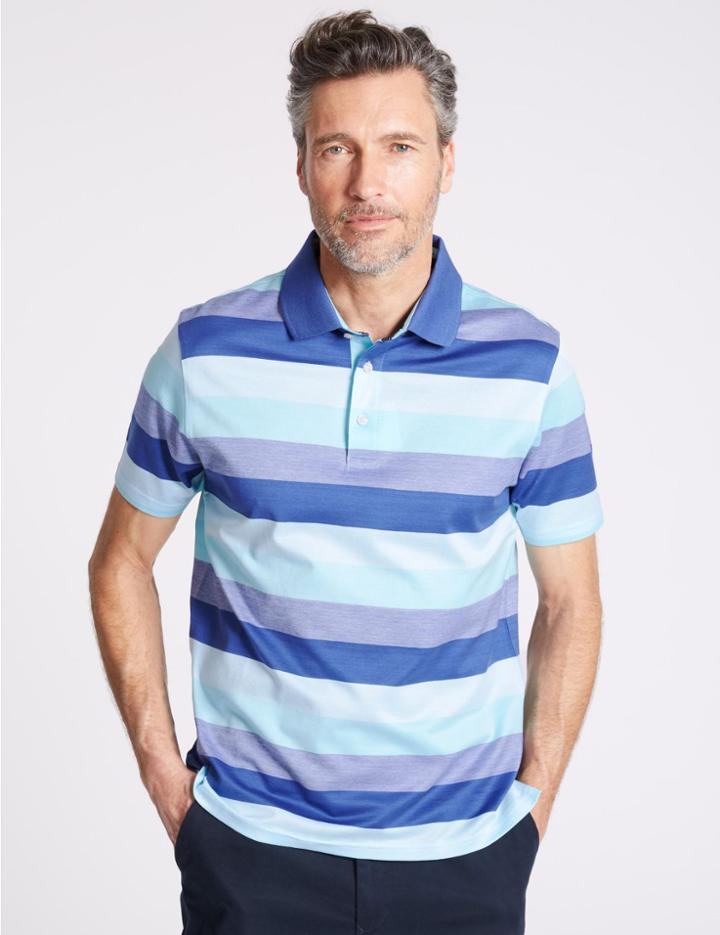 Marks & Spencer Slim Fit Pure Cotton Striped Polo Shirt Aqua Mix