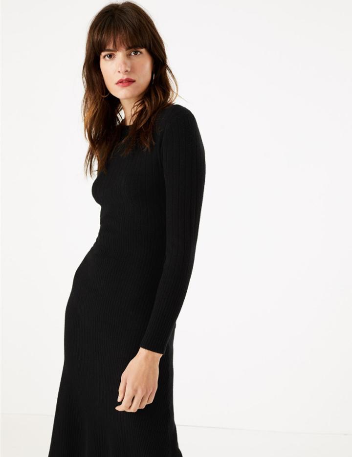 Marks & Spencer Ribbed Fit & Flare Knitted Midi Dress Black