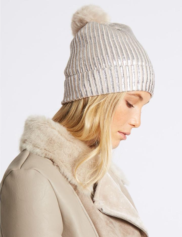 Marks & Spencer Foil Knit Pom Winter Hat Silver