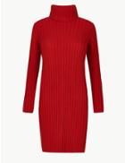 Marks & Spencer Textured Roll Neck Knitted Dress Bright Red